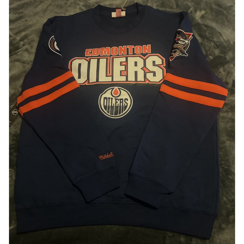 LARGE EDMONTON OILERS Mitchell & Ness NHL All Over Crew 2.0 Sweatshirt Mens